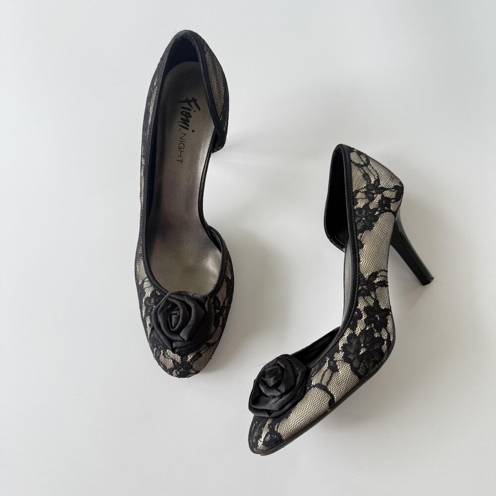 Fioni Night Heel Shoes Womens Size 9 Black Lace Rose Round Toe Stiletto Pump
